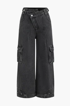 MICAS Cargo Pants|Jeans-Denim Wide Leg Pants Low Waist Cargo Jeans BLACK