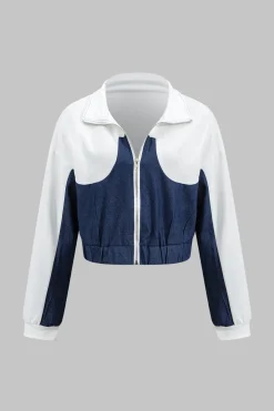 MICAS Pant Sets-Denim Zipper Patchwork Jacket And Trousers Set