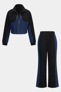 MICAS Pant Sets-Denim Zipper Patchwork Jacket And Trousers Set