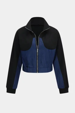 MICAS Pant Sets-Denim Zipper Patchwork Jacket And Trousers Set