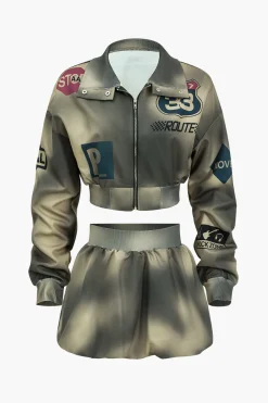 MICAS Skirt Sets-Digital Pattern Ombre Letter Print Button Metallic Zipper Top And Skirt Set KHAKI