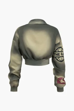 MICAS Skirt Sets-Digital Pattern Ombre Letter Print Button Metallic Zipper Top And Skirt Set KHAKI