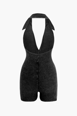 MICAS Jumpsuits & Rompers-Distressed Backless Halter V-neck Romper