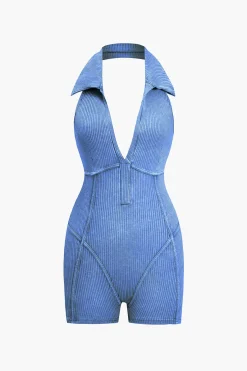 MICAS Jumpsuits & Rompers-Distressed Backless Halter V-neck Romper