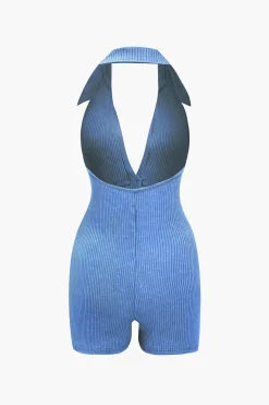 MICAS Jumpsuits & Rompers-Distressed Backless Halter V-neck Romper