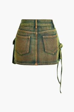 MICAS Skirts-Distressed Flap Pocket Denim Mini Skirt GREEN