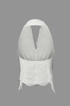 MICAS Skirt Sets|Vacation Sets-Distressed Halter Cami Top And Asymmetrical Mini Skirt Set WHITE