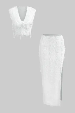 MICAS Vacation Sets|Skirt Sets-Distressed V-neck Cap Sleeve Crop Top And Slit Maxi Skirt Set