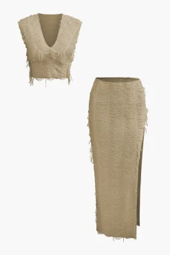 MICAS Vacation Sets|Skirt Sets-Distressed V-neck Cap Sleeve Crop Top And Slit Maxi Skirt Set