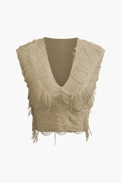 MICAS Vacation Sets|Skirt Sets-Distressed V-neck Cap Sleeve Crop Top And Slit Maxi Skirt Set