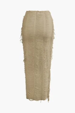 MICAS Vacation Sets|Skirt Sets-Distressed V-neck Cap Sleeve Crop Top And Slit Maxi Skirt Set