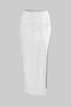 MICAS Vacation Sets|Skirt Sets-Distressed V-neck Cap Sleeve Crop Top And Slit Maxi Skirt Set