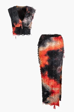 MICAS Vacation Sets|Skirt Sets-Distressed V-neck Cap Sleeve Crop Top And Slit Maxi Skirt Set