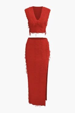 MICAS Vacation Sets|Skirt Sets-Distressed V-neck Cap Sleeve Crop Top And Slit Maxi Skirt Set