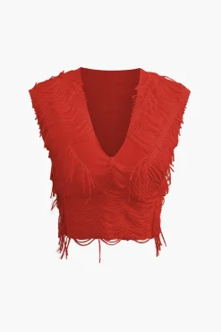 MICAS Vacation Sets|Skirt Sets-Distressed V-neck Cap Sleeve Crop Top And Slit Maxi Skirt Set