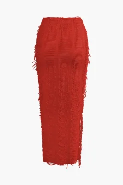 MICAS Vacation Sets|Skirt Sets-Distressed V-neck Cap Sleeve Crop Top And Slit Maxi Skirt Set