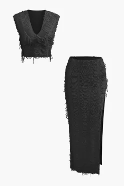 MICAS Vacation Sets|Skirt Sets-Distressed V-neck Cap Sleeve Crop Top And Slit Maxi Skirt Set