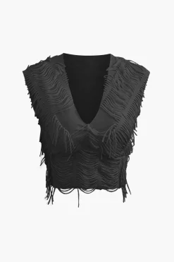 MICAS Vacation Sets|Skirt Sets-Distressed V-neck Cap Sleeve Crop Top And Slit Maxi Skirt Set