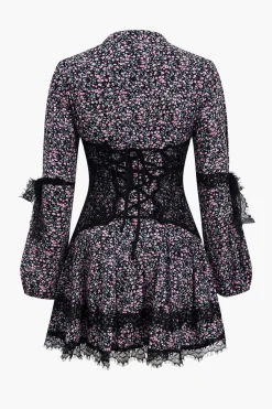 MICAS Long Sleeve Dresses|Mini Dresses-Ditsy Floral Print Lace Trim Corset Long Sleeve Mini Dress