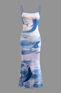 MICAS Maxi Dresses|Midi Dresses-Dolphin Print Mesh Slip Midi Dress BABY BLUE