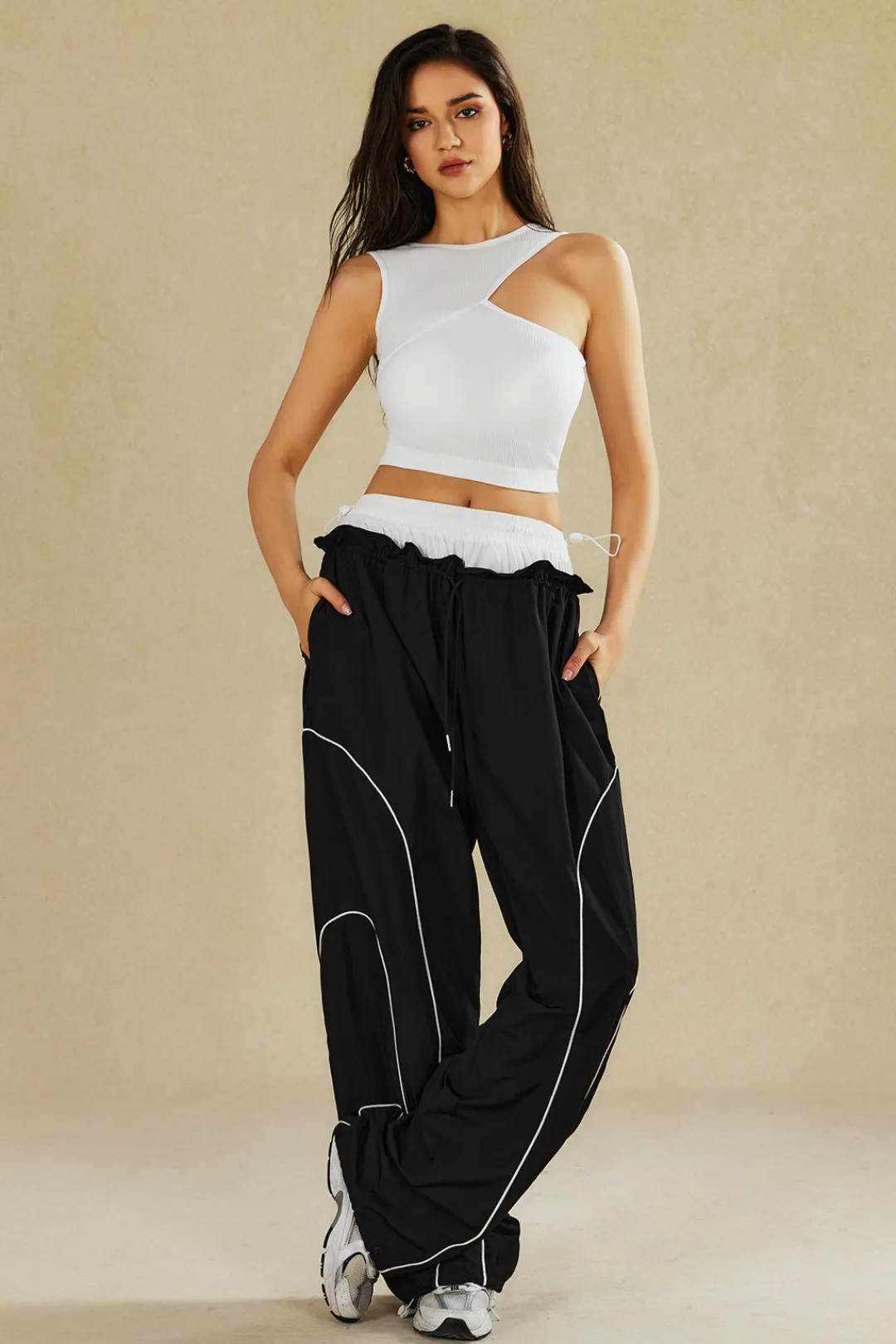 MICAS Pants-Double Waistband Color Block Trousers Contrast Color