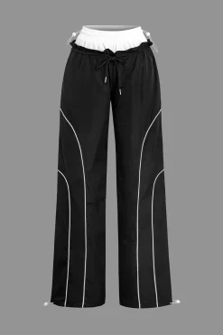 MICAS Pants-Double Waistband Color Block Trousers Contrast Color