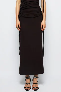 MICAS Skirts-Drawstring Ruched Split Maxi Skirt BROWN