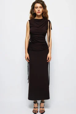 MICAS Skirts-Drawstring Ruched Split Maxi Skirt BROWN