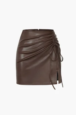 MICAS Skirts-Drawstring Slit Leather Mini Skirt