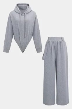 MICAS Pant Sets-Drawstrings Hooded Long-Sleeve Top And Trousers Set GRAY