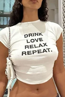 MICAS T-Shirts-DRINK LOVE RELAX REPEAT Letter Print Ruched Cut Out T-shirt
