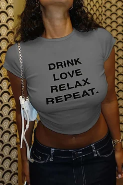MICAS T-Shirts-DRINK LOVE RELAX REPEAT Letter Print Ruched Cut Out T-shirt