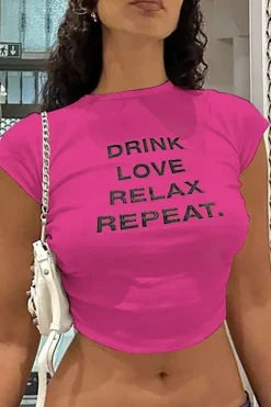 MICAS T-Shirts-DRINK LOVE RELAX REPEAT Letter Print Ruched Cut Out T-shirt