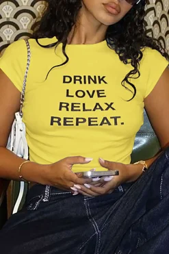 MICAS T-Shirts-DRINK LOVE RELAX REPEAT Letter Print Ruched Cut Out T-shirt