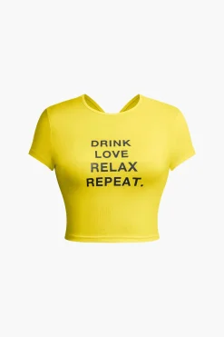 MICAS T-Shirts-DRINK LOVE RELAX REPEAT Letter Print Ruched Cut Out T-shirt