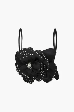MICAS Corset & Bustier Tops-Embellished Floral Appliqué Bustier Top BLACK