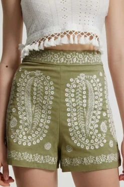 MICAS Shorts-Embroidered High-Waist Shorts KHAKI