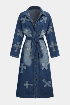 MICAS Outerwear|Outerwear-Embroidery Denim Long Coat Belted Outerwear BLUE