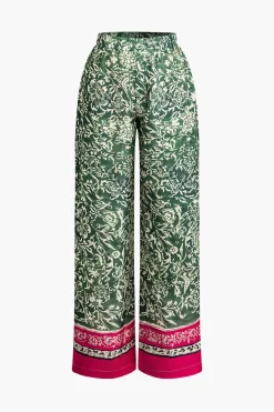 MICAS Pants-Ethnic Floral Print Wide Leg Pants Contrast Color