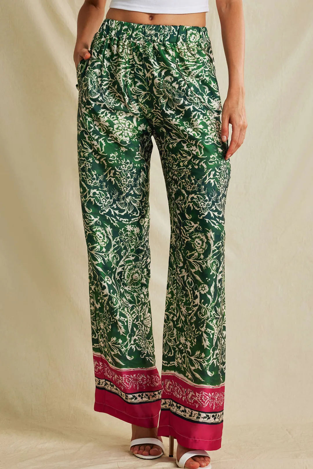 MICAS Pants-Ethnic Floral Print Wide Leg Pants Contrast Color