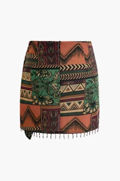 MICAS Skirts-Ethnic Pattern Beaded Fringe Mini Skirt MULTICOLOR
