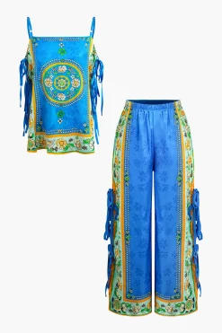 MICAS Pant Sets-Ethnic Print Satin Knotted Cami Top and Wide Leg Pants Set BLUE