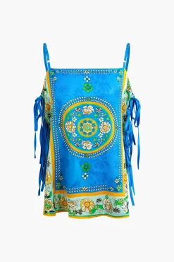 MICAS Pant Sets-Ethnic Print Satin Knotted Cami Top and Wide Leg Pants Set BLUE