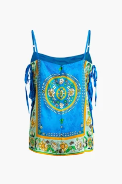 MICAS Pant Sets-Ethnic Print Satin Knotted Cami Top and Wide Leg Pants Set BLUE