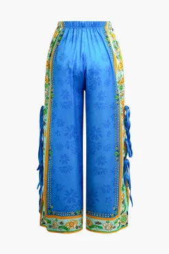 MICAS Pant Sets-Ethnic Print Satin Knotted Cami Top and Wide Leg Pants Set BLUE