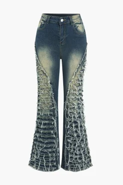 MICAS Jeans-Faded Denim Fringe Flared Jeans DARK WASH BLUE