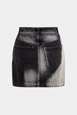 MICAS Skirts-Faded Denim Pocket Button Skirt BLACK