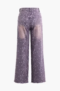 MICAS Jeans-Faded Destroyed Straight Leg Jeans PURPLE