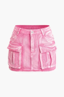 MICAS Skirts-Faded Flap Pocket Cargo Denim Mini Skirt