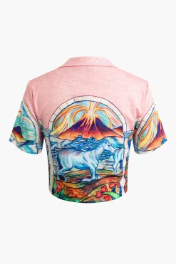 MICAS Blouses & Shirts-Fantasy Horse Print Crop Shirt PINK